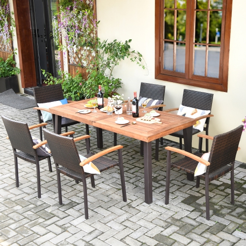 Ensemble patio de 7PCS pièces en rotin avec table en bois d'acacia et chaises empilables de Costway