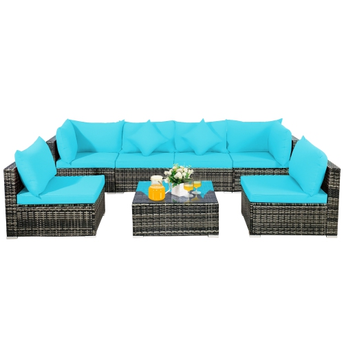 7PCS Patio Rattan Furniture Set Sectional Sofa Garden Cushion