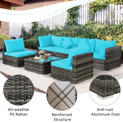 7PCS Patio Rattan Furniture Set Sectional Sofa Garden Cushion