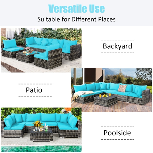 7PCS Patio Rattan Furniture Set Sectional Sofa Garden Cushion