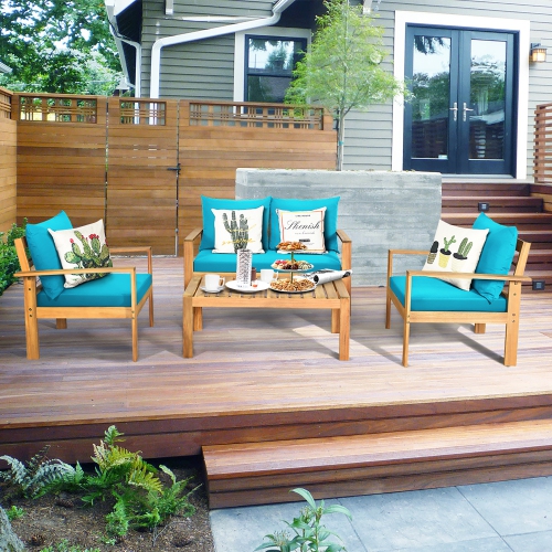 Image 1 de 9.. Ensemble de meubles de jardin 4 pièces de Costway, causeuse à coussin épais en bois d'acacia