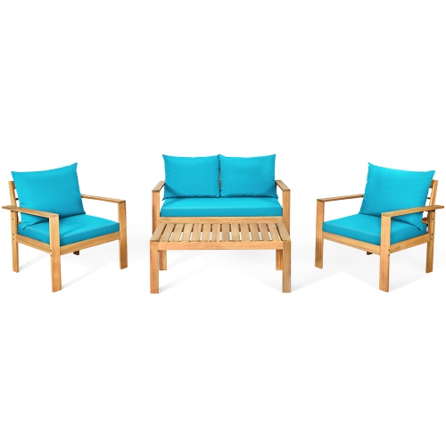 Costway 4PCS Patio Furniture Set Acacia Wood Thick Cushion Loveseat Sofa