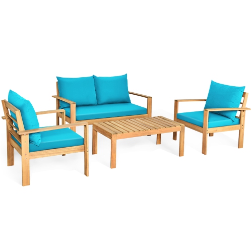 Costway 4PCS Patio Furniture Set Acacia Wood Thick Cushion Loveseat Sofa