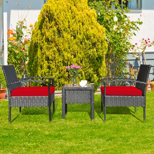 Patiojoy 3 Pieces Patio Set Outdoor Wicker Rattan Furniture w/ Cushions Red