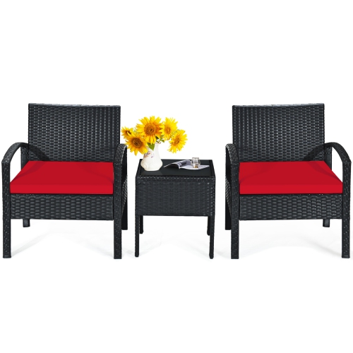 Patiojoy 3 Pieces Patio Set Outdoor Wicker Rattan Furniture w/ Cushions Red