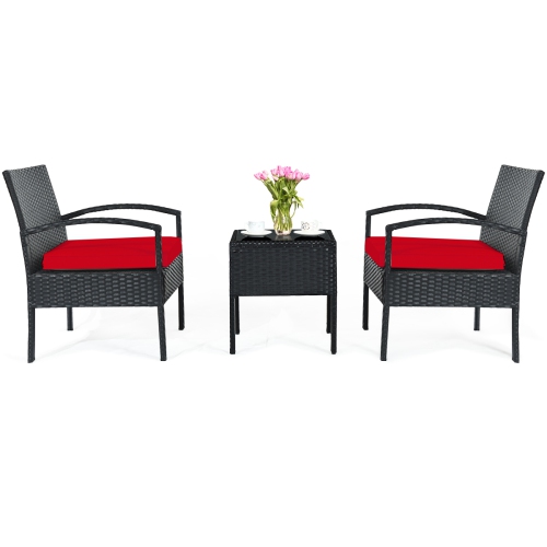 Patiojoy 3 Pieces Patio Set Outdoor Wicker Rattan Furniture w/ Cushions Red