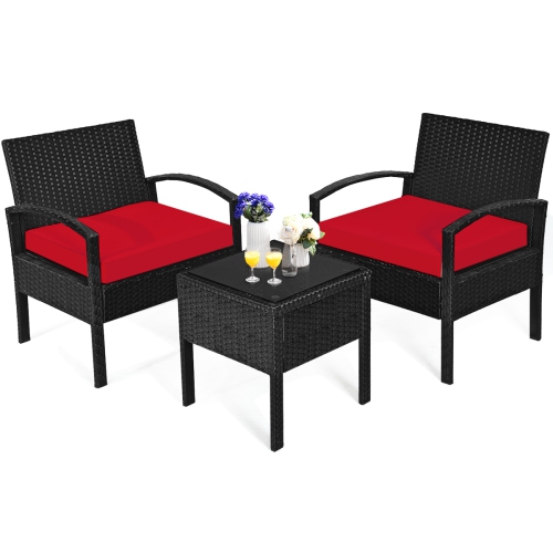 Patiojoy 3 Pieces Patio Set Outdoor Wicker Rattan Furniture w/ Cushions Red