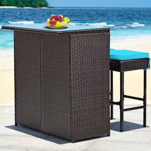 Topbuy 3PCS Patio Wicker Rattan Bar Set Table w/2 Cushioned Stools