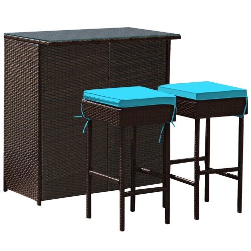 Topbuy 3PCS Patio Wicker Rattan Bar Set Table w/2 Cushioned Stools