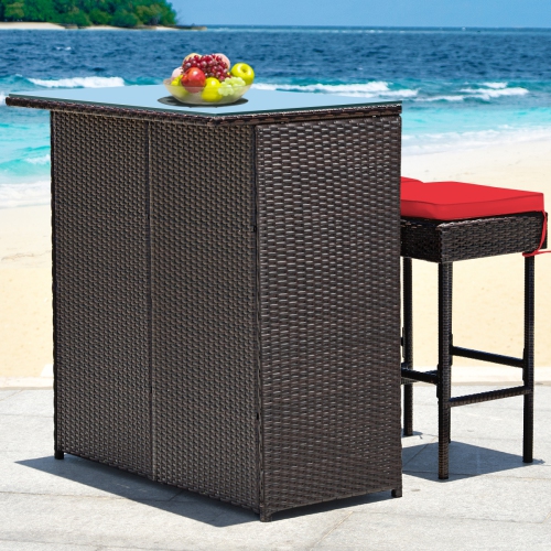 Topbuy 3PCS Patio Wicker Rattan Bar Set Table w/2 Cushioned Stools
