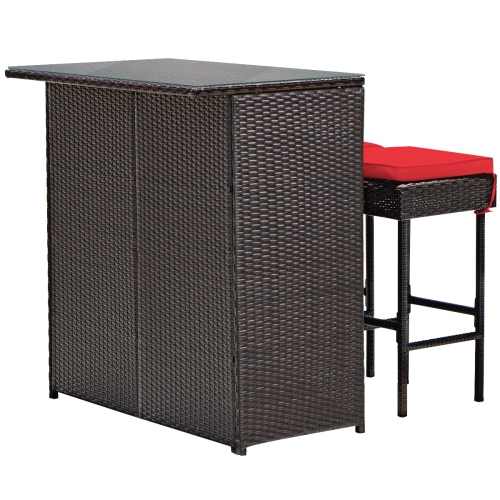 Topbuy 3PCS Patio Wicker Rattan Bar Set Table w/2 Cushioned Stools