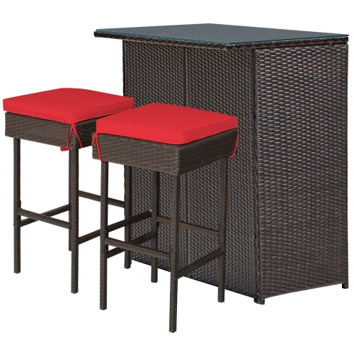 Topbuy 3PCS Patio Wicker Rattan Bar Set Table w/2 Cushioned Stools