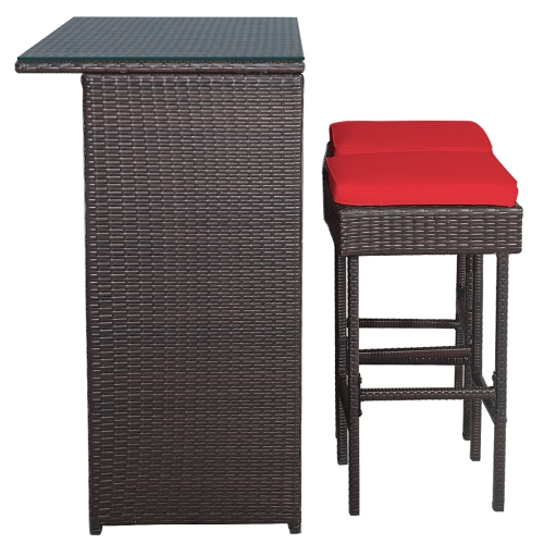Topbuy 3PCS Patio Wicker Rattan Bar Set Table w/2 Cushioned Stools
