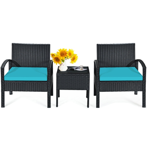 TOPBUY  Patiojoy 3 Pieces Patio Set Outdoor Wicker Rattan Furniture W/ Cushions In Turquoise