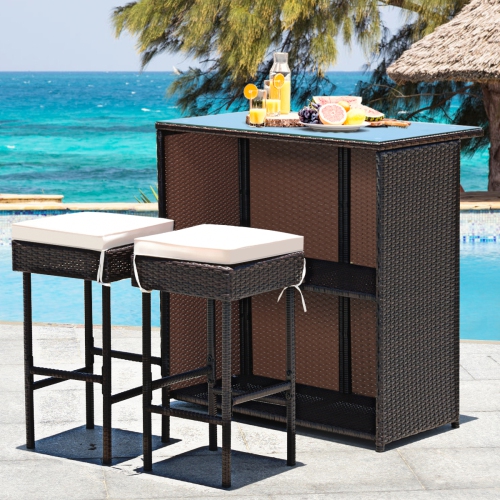 Topbuy 3PCS Patio Wicker Rattan Bar Set Table w/2 Cushioned Stools