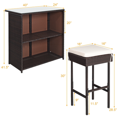 Topbuy 3PCS Patio Wicker Rattan Bar Set Table w/2 Cushioned Stools