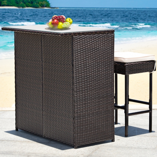 Topbuy 3PCS Patio Wicker Rattan Bar Set Table w/2 Cushioned Stools