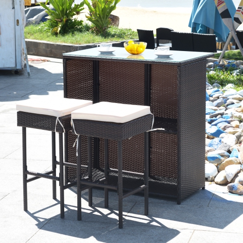 Topbuy 3PCS Patio Wicker Rattan Bar Set Table w/2 Cushioned Stools
