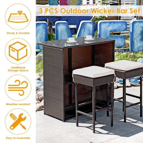 Topbuy 3PCS Patio Wicker Rattan Bar Set Table w/2 Cushioned Stools