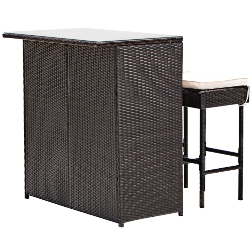 Topbuy 3PCS Patio Wicker Rattan Bar Set Table w/2 Cushioned Stools