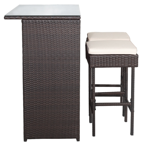 Topbuy 3PCS Patio Wicker Rattan Bar Set Table w/2 Cushioned Stools