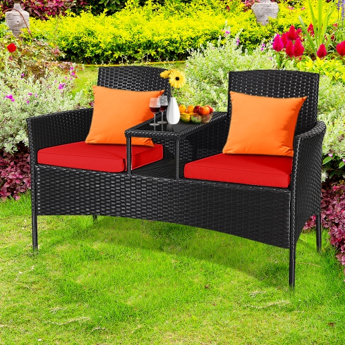TOPBUY  Outdoor Rattan Furniture Wicker Patio Conversation Chair W/cushion In Red