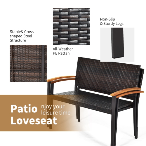 Patiojoy Patio Furniture Weather-Resistant Rattan Bench Wicker Loveseat Steel frame for Yard Garden Poolside
