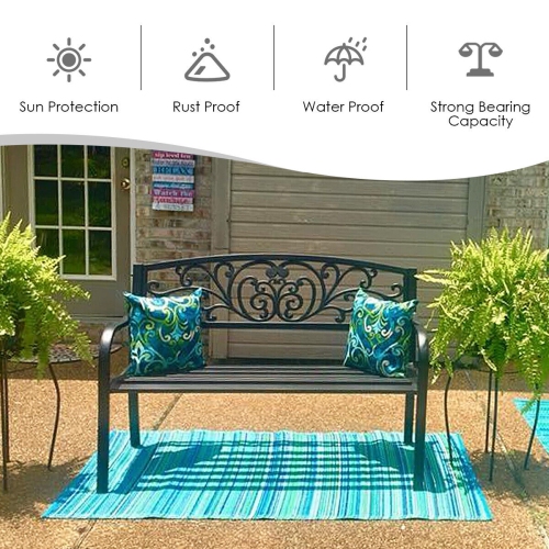 Topbuy 50" Patio Bench Porch Chair Steel Frame Cast Iron Loveseat w/ Backrest for Park Garden