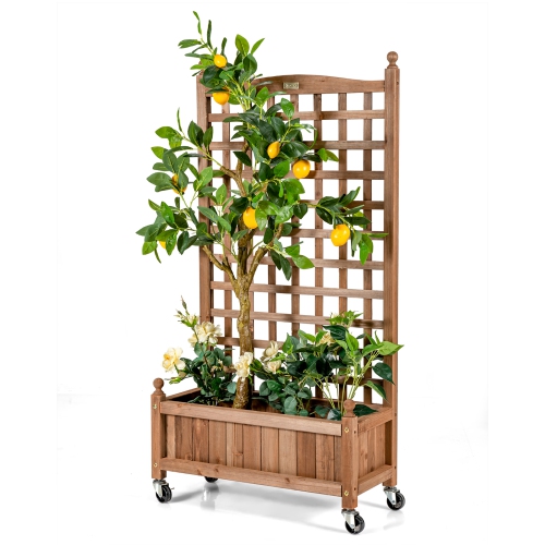 Topbuy 50in Wood Planter Box with Trellis and Wheels Mobile Plant Raised Bed for Indoor&Outdoor