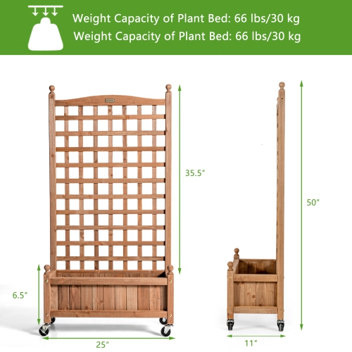Topbuy 50in Wood Planter Box with Trellis and Wheels Mobile Plant Raised Bed for Indoor&Outdoor
