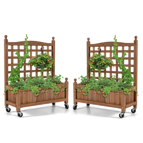 TOPBUY  2PC 32In Wood Planter Box With Trellis And Wheels Mobile Plant Raised Bed for Indoor&outdoor