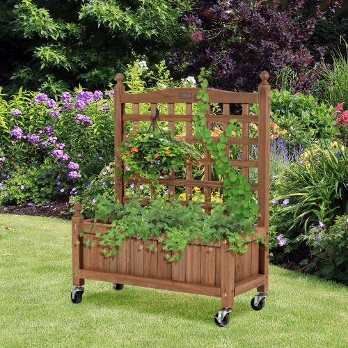 TOPBUY  32In Wood Planter Box With Trellis And Wheels Mobile Plant Raised Bed for Indoor&outdoor