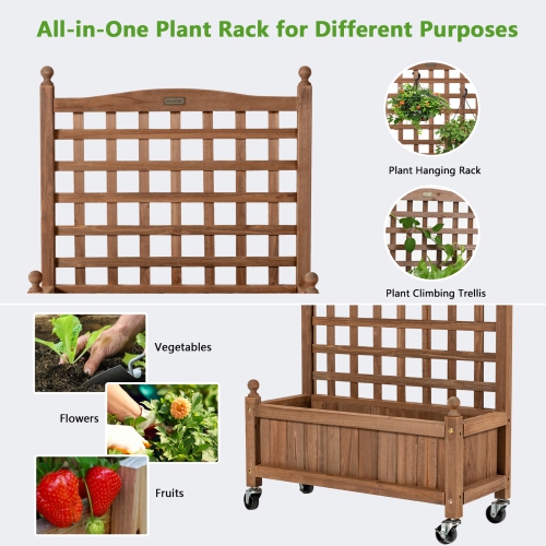 Topbuy 32in Wood Planter Box with Trellis and Wheels Mobile Plant Raised Bed for Indoor&Outdoor