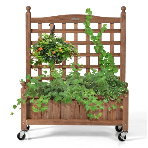 Topbuy 32in Wood Planter Box with Trellis and Wheels Mobile Plant Raised Bed for Indoor&Outdoor