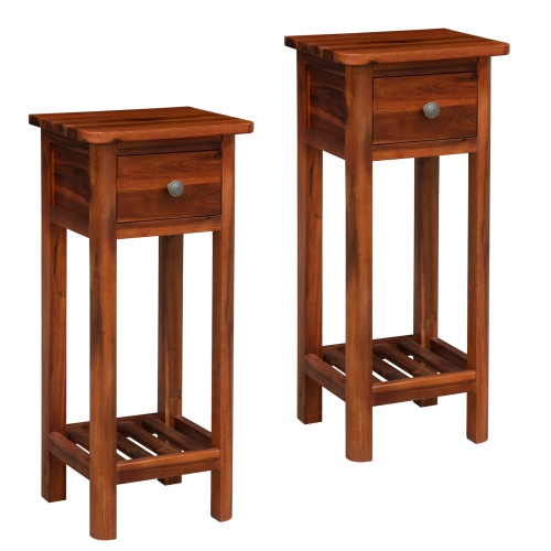 TOPBUY  2PCs Wooden End Table Nightstand W/storage Shelf And Drawer for Livng Room Rustic In Brown