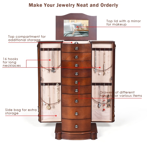 Topbuy 8 Drawers Old-fashioned Jewelry Cabinet Vanity Makeup Set Brown
