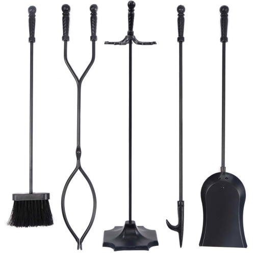 TOPBUY  Fireplace Tool 5 Sets Pendant Tongs Fire Hook Brush Shovel W/ 31" Pedestal Base In Black