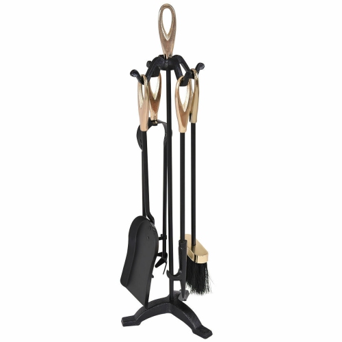 TOPBUY  5PCs Fire Tools Set Pendant Tongs Fire Hook Brush Shovel W/ 25" Pedestal Base In Black