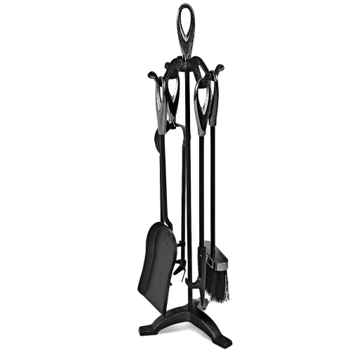 TOPBUY  Hearth Tool 5 Sets Pendant Tongs Fire Hook Brush Shovel W/ 25" Pedestal Base In Black