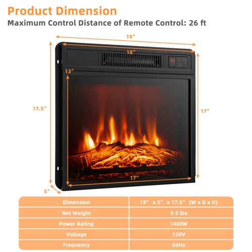 Topbuy 18" Electric Fireplace Heater Freestanding & Recessed Electric Stove Heater w/Adjustable LED Flame