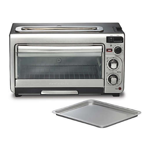 Image 1 of 7.. Oven and Toaster. Auto Shut Off 3 Settings Versatile Space Saving Hamilton Beach® 2-in-1 Oven and Toaster with 60 Minute Timer