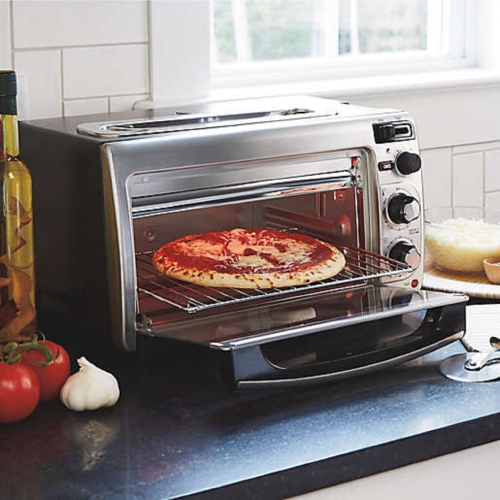 Oven and Toaster. Auto Shut Off 3 Settings Versatile Space Saving Hamilton Beach® 2-in-1 Oven and Toaster with 60 Minute Timer