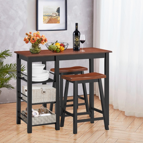 Topbuy 3 PCS Dining Table Set Counter Height Dining Set with 3-Tier Storage Shelf&2 Saddle Stools Walnut