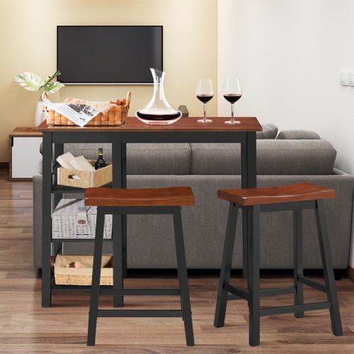 Topbuy 3 PCS Dining Table Set Counter Height Dining Set with 3-Tier Storage Shelf&2 Saddle Stools Walnut