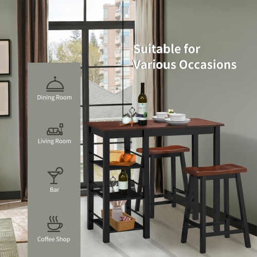 Topbuy 3 PCS Dining Table Set Counter Height Dining Set with 3-Tier Storage Shelf&2 Saddle Stools Walnut