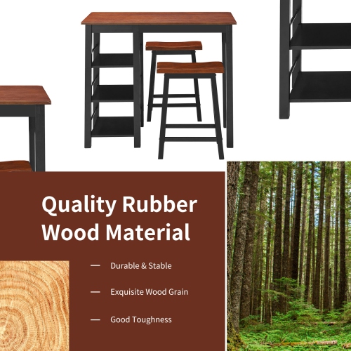 Topbuy 3 PCS Dining Table Set Counter Height Dining Set with 3-Tier Storage Shelf&2 Saddle Stools Walnut