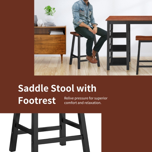 Topbuy 3 PCS Dining Table Set Counter Height Dining Set with 3-Tier Storage Shelf&2 Saddle Stools Walnut