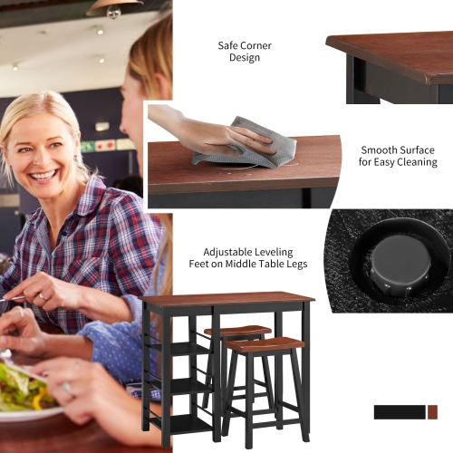 Topbuy 3 PCS Dining Table Set Counter Height Dining Set with 3-Tier Storage Shelf&2 Saddle Stools Walnut