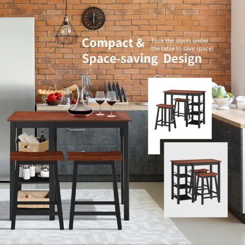 Topbuy 3 PCS Dining Table Set Counter Height Dining Set with 3-Tier Storage Shelf&2 Saddle Stools Walnut