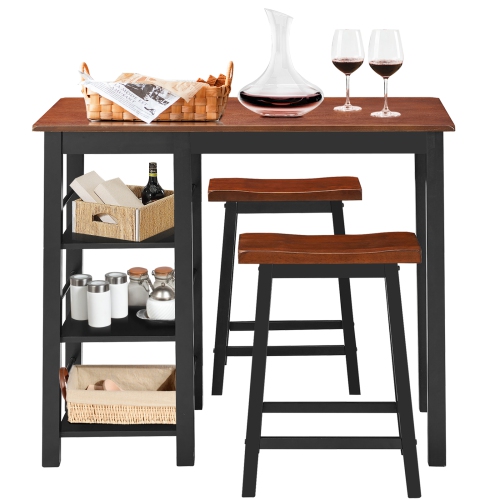 Topbuy 3 PCS Dining Table Set Counter Height Dining Set with 3-Tier Storage Shelf&2 Saddle Stools Walnut